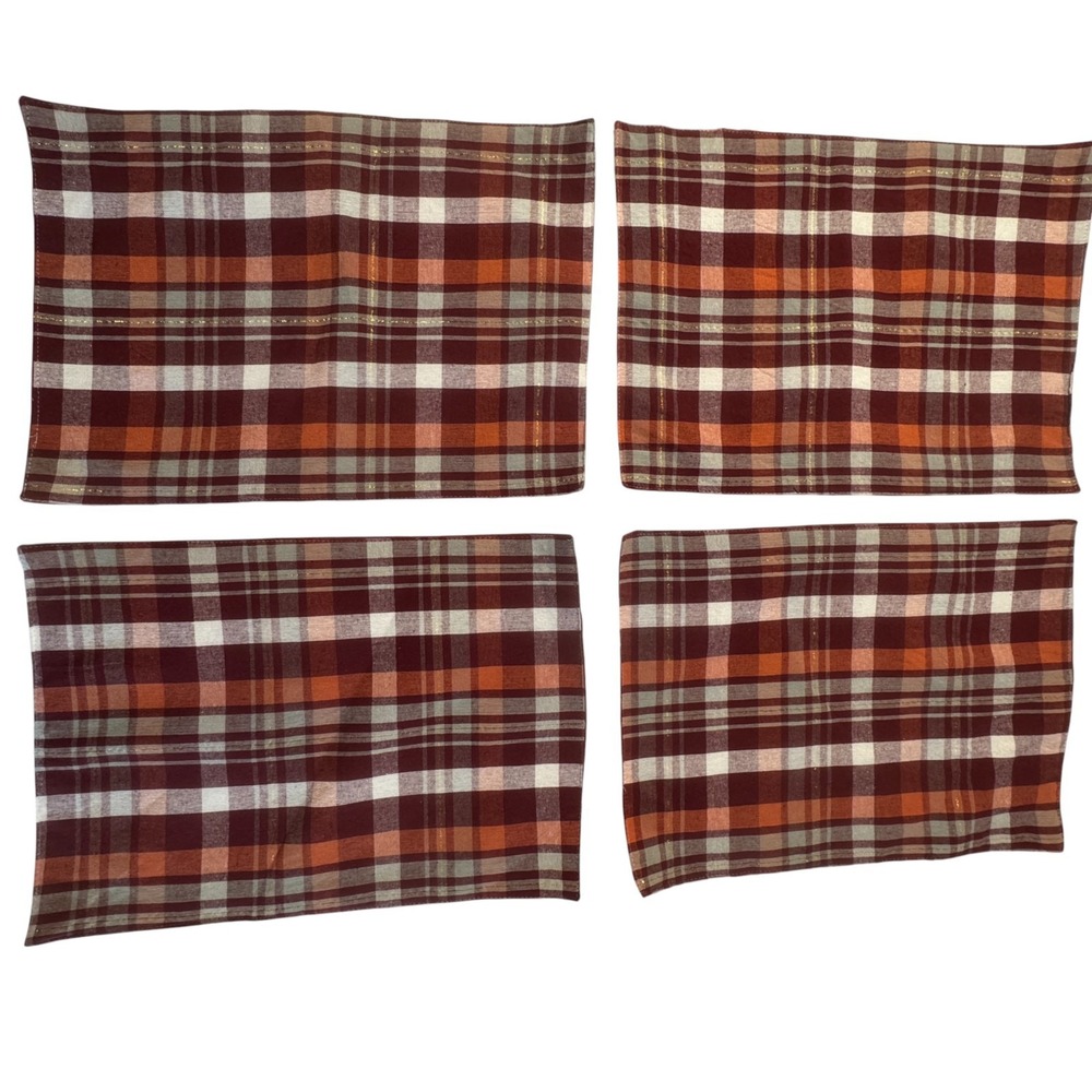 NEW Perfect Harvest Fall Christmas Plaid Placemats Set Of 4 Red White Gold Cream